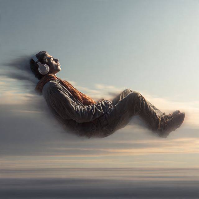 Person floating on airbed with headphones